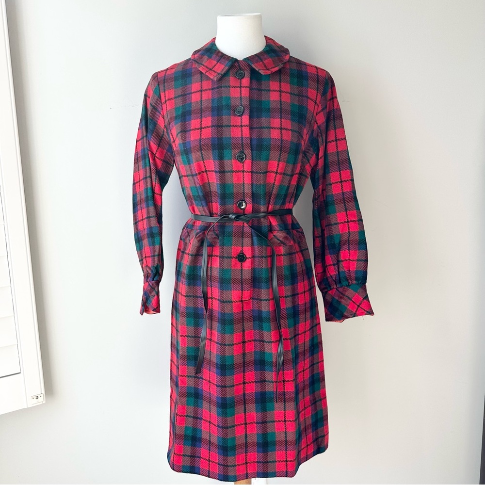 60s Jeune Leique Wool Long Sleeve Red Plaid Collar Dress Size Small